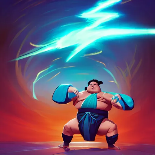 Prompt: a sumo ringe that is also a ninja lightning god with sparkles on the hands, sumo pose, 3d game fanart behance hd by Jesper Ejsing, by RHADS, Makoto Shinkai and Lois van baarle, ilya kuvshinov, rossdraws global illumination, 90s, concept