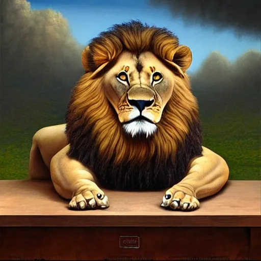 Image similar to a lion sitting an antique table, a detailed matte painting by vladimir kush, cgsociety, furry art, airbrush art, detailed painting, matte painting