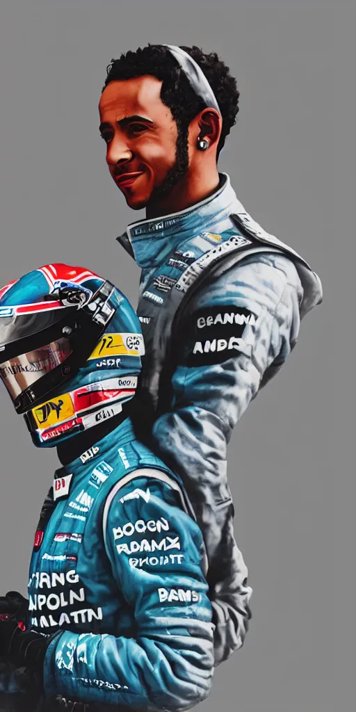 Prompt: A portrait of Lewis Hamilton in his racing uniform by Banksy, octane render,,highly details