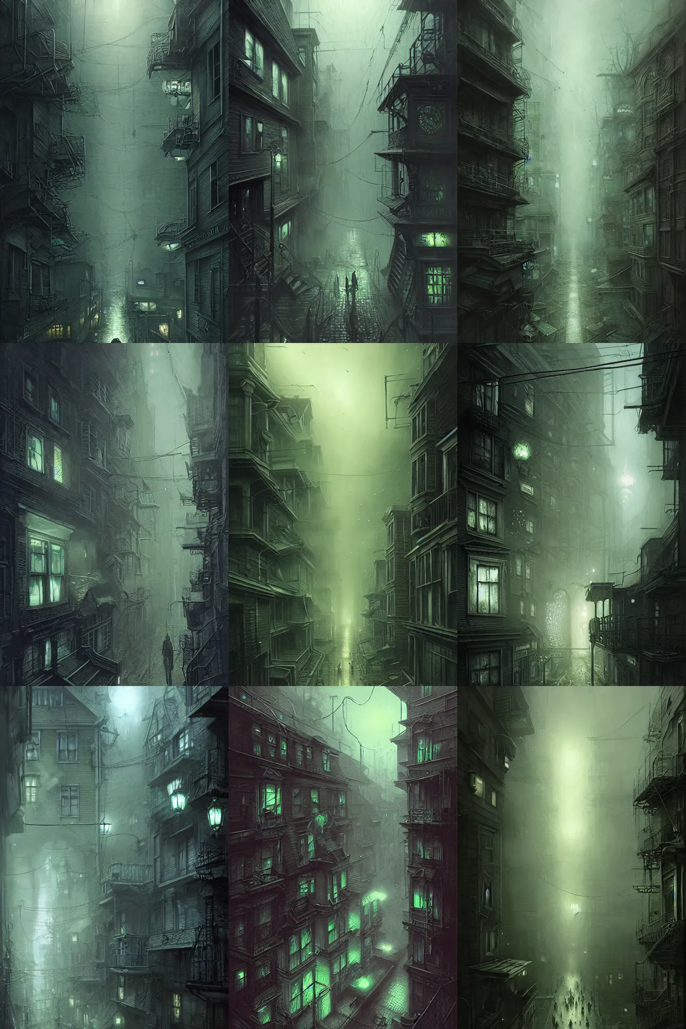 Prompt: street view from window second floor innsmouth street, green light dust, magnificent, close up, sharp focus, evil fluid, negative energy, horror, creepy, serious, giger style, highly detailed, illustration, by jordan grimmer greg rutkowski wlop maya takamura, intricate, trending artstation, pixiv, digital art