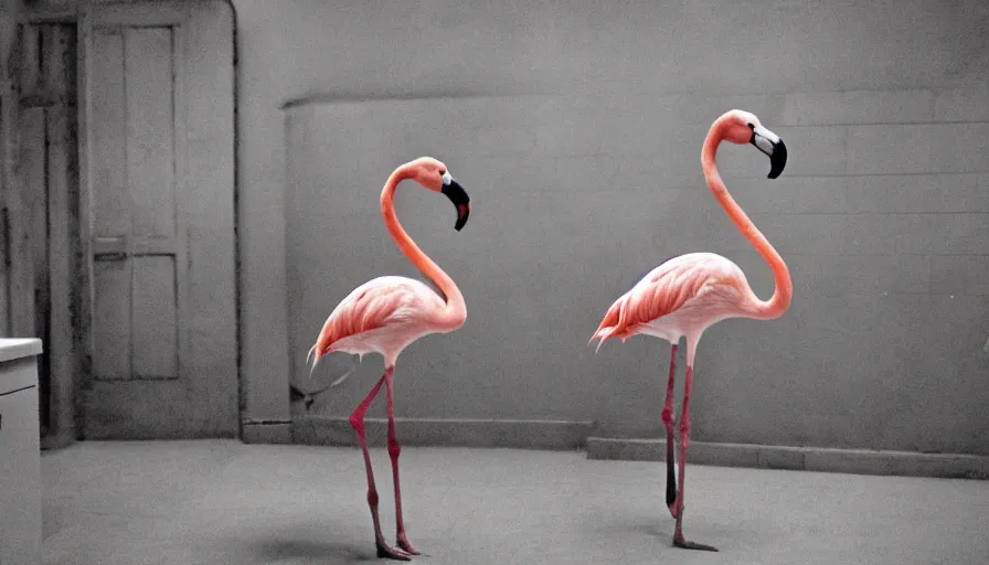 Prompt: a flamingo in a stalinist style kitchen, by mini dv camera, very very low quality, heavy grain, very blurry, accidental flash, caught on trail cam