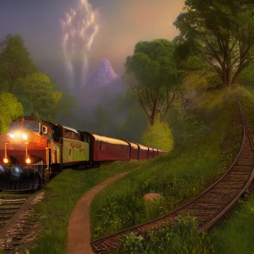 Prompt: 8k photo of a train passing the Shire by Thomas Kinkade. Nikon, unreal engine, Disney