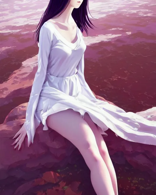 Image similar to infinitely detailed full - body portrait pale female peaceful dream angel wearing elegant clothes. beautiful! scenery art! by wlop & murata range, by ilya kuvshinov. artstation!! / pixiv!!