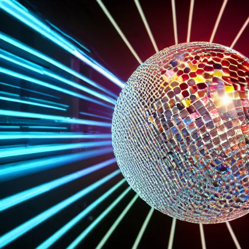 Prompt: render of an ultrarealistic photograph of a very clear and crystal disco ball with a high - powered laser shooting light into the disco ball and dispersing full spectrum light beautifully onto the surrounding surfaces, light dispersion, light effects, 3 d render, octane render, luxcore render, visual caustics, light dispersion, 8 k