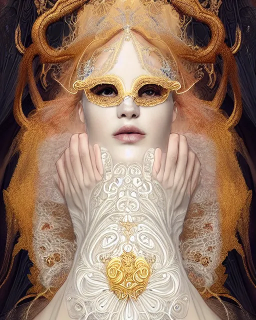 Image similar to beautiful ethereal maiden in a ivory masquerade mask intricate ornate fractal-lace and gemstones, wearing stunning ivory dress, ivory gold iridescent, full view, soft lighting, vivid, Hyperdetailed, 4k hd matte painting by Artgerm, Greg Rutkowski, Klimt, James Jean, 8k resolution, enchanting and otherworldly, Artstation, CGsociety, detailed, front view