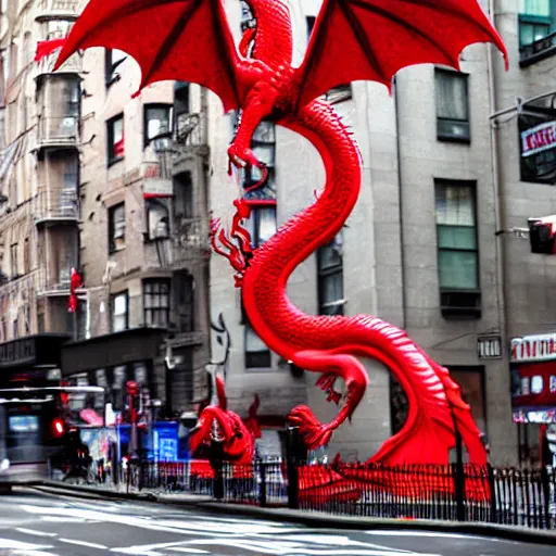 Prompt: a red flying dragon in the streets of New-York city