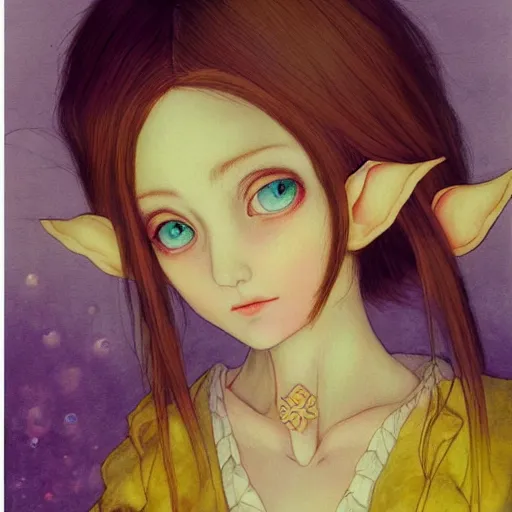Prompt: little elf girl, tunic, soft hair. light color palate, purple, yellow and white. detailed soft painting, ayami kojima, made in abyss, anatomically correct, inspired in balthus, high detailed face anime