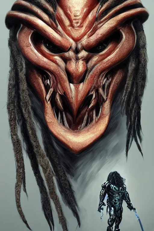 Image similar to predator 1 9 8 7 face redesign, portrait, highly detailed, dreadlocks, mandables, digital painting, trending on artstation, concept art, illustration