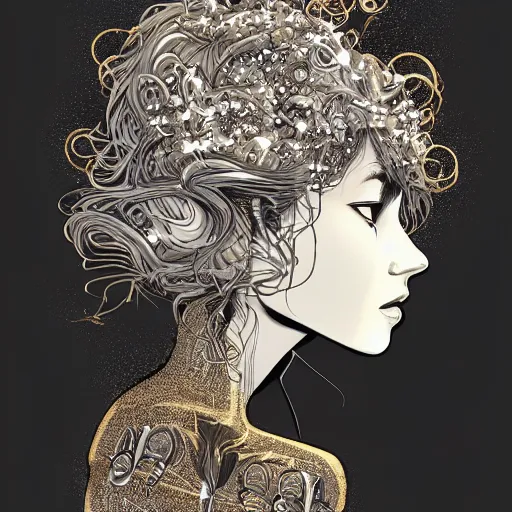 Prompt: gold and silver tones, mech princess, style of moebius, james jean, mcbess, long glowing ethereal hair, cinematic, highly detailed, award winning