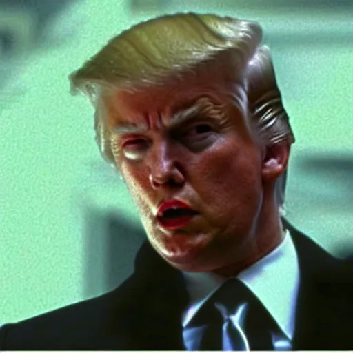 Prompt: movie still from the matrix ( 1 9 9 9 ) of donald trump