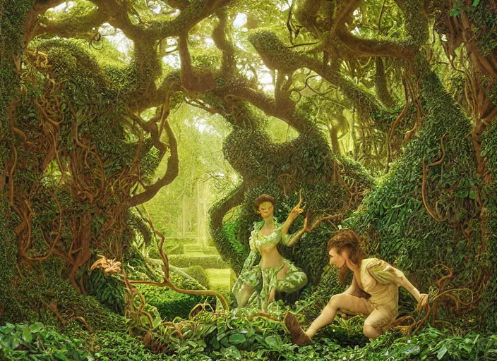 Prompt: jim henson's labyrinth. hedge maze. a green and luscious expanse of ivy - strewn trellises and thick green hedges stretches out in front of you. by edgar maxence and caravaggio and michael whelan and delacroix style, artistic, intricate painting, cinematic lighting, hyper realistic, extremely detailed, vivid colors, establishing shot, dramatic lighting