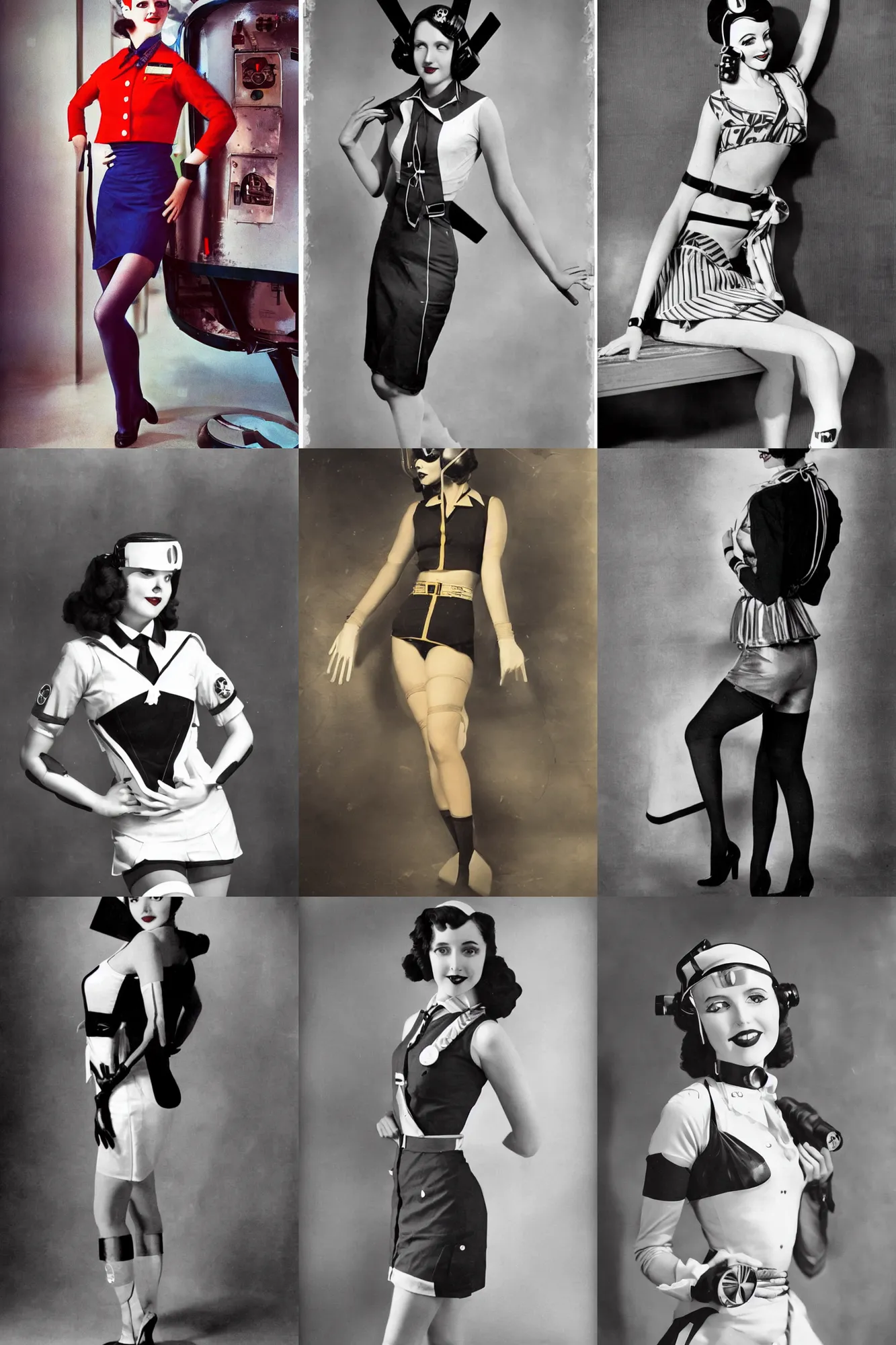 Prompt: beautiful photo of a stewardess Art Deco cyberpunk girl in a two-piece uniform