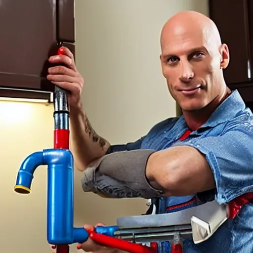 Image similar to johnny sins as a plumber working sincerely