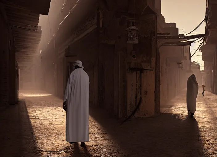 Prompt: old jeddah city alley, roshan, old shops, horse, magical glowing sand gateway to another dimension, a man wearing a white robe standing watching over, fantasy, dramatic lighting, dawn, by caspar david friedrich, unreal engine 5