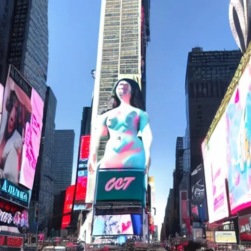 Image similar to a giant greek statue of a woman in times square