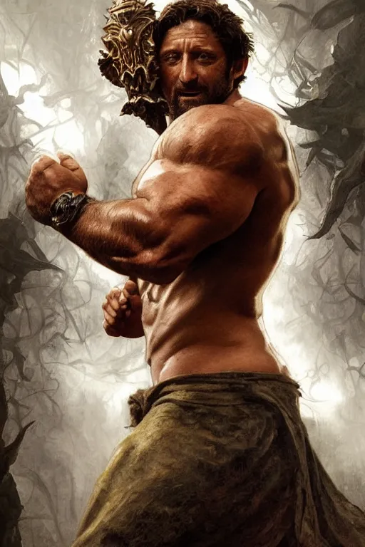 Image similar to portrait of gerard butler as a hulking herculean demon, forest, godlike, full body, fantasy, intricate, elegant, highly detailed, digital painting, artstation, concept art, sharp focus, illustration, art by artgerm and greg rutkowski and alphonse mucha