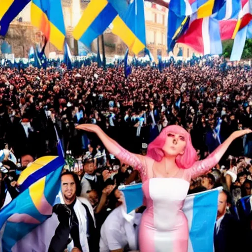 Image similar to Lady Gaga as president, Argentina presidential rally, Argentine flags behind, bokeh, giving a speech, detailed face, Argentina