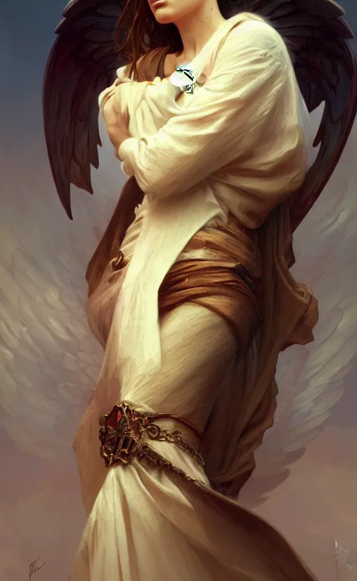 Image similar to a portrait of an angel woman, concept art, deep focus, sky, heaven, clouds, intricate, highly detailed, digital painting, artstation, matte, sharp focus, illustration, art by greg rutkowski and alphonse mucha