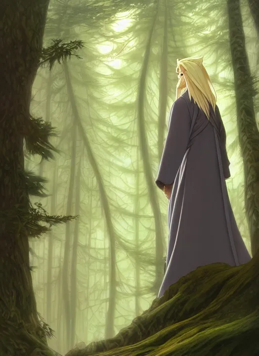 Prompt: slender young man with long blond hair, from behind, wearing wizard robes, lost in a forest, natural lighting, path traced, highly detailed, high quality, digital painting, by don bluth and ross tran and studio ghibli and alphonse mucha, artgerm