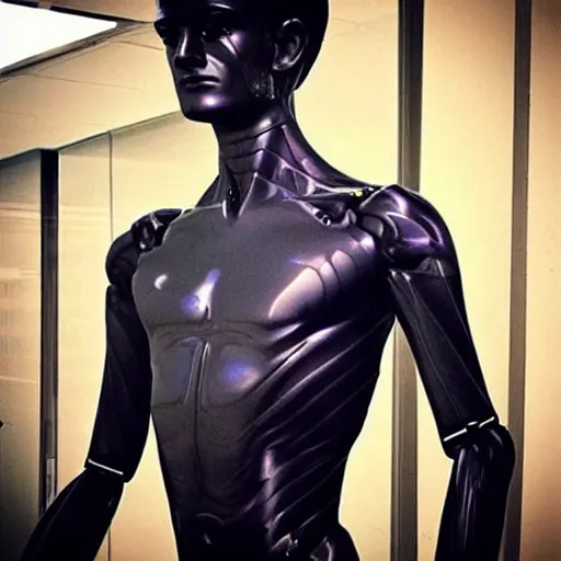 Image similar to “a realistic detailed photo of a guy who is an attractive humanoid who is half robot and half humanoid, who is a male android, Andrew Garfield, shiny skin, posing like a statue, blank stare”