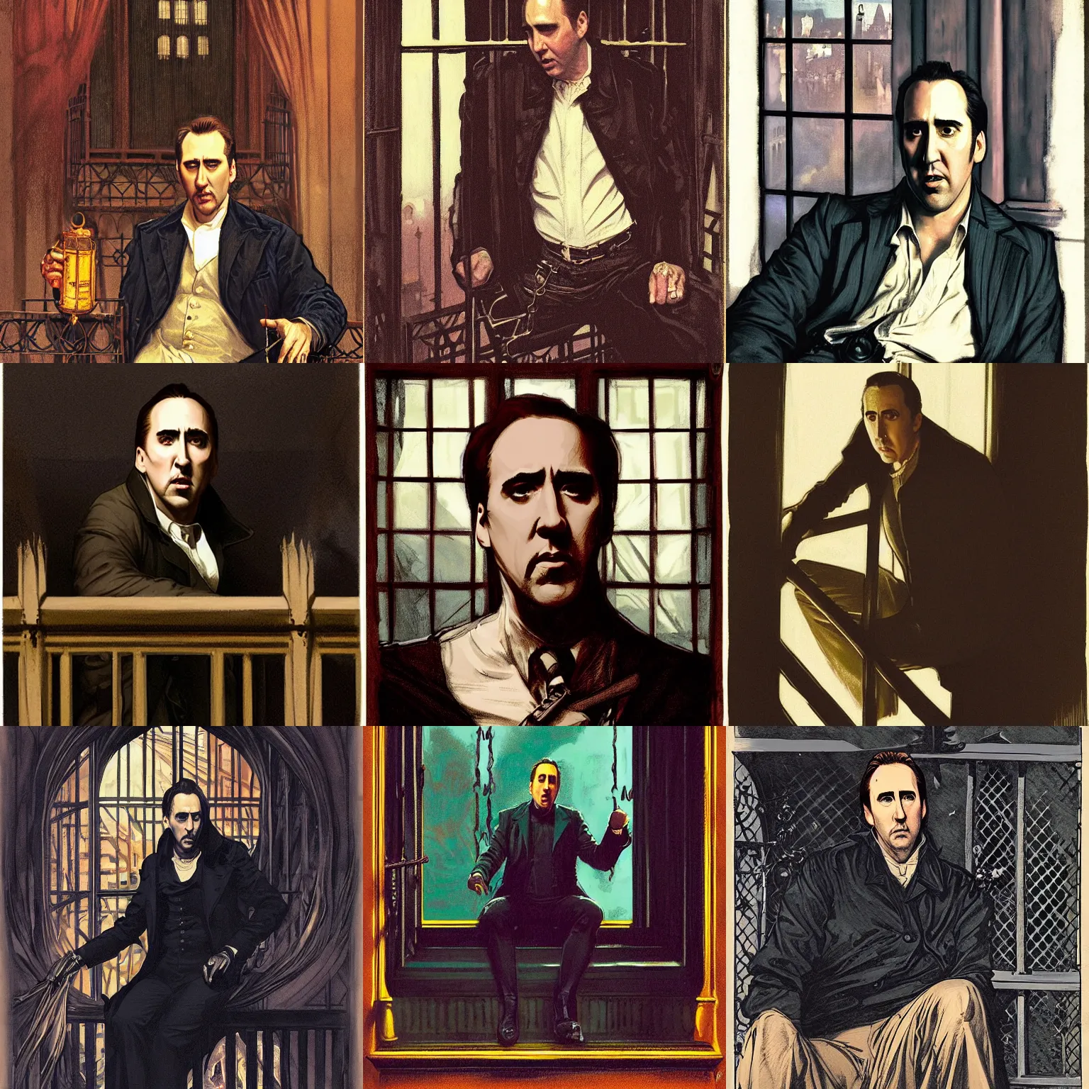 Prompt: character portrait of nicholas cage sitting down on a fire escape so high on mdma in gothic london, gothic, john singer sargent, muted colors, moody colors, illustration, digital illustration, amazing values, art by j. c. leyendecker, joseph christian leyendecker, william - adolphe bouguerea, graphic style, dramatic lighting, gothic lighting
