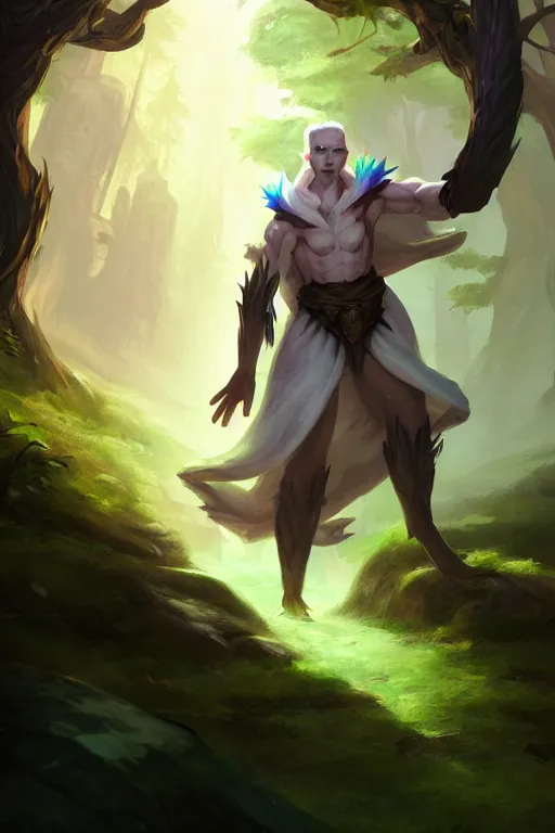 Prompt: a human elemental sorcerer, forest setting, colorful magic, male, white skin, young, sharp focus, concept art, dynamic lighting, unreal engine, by tyler edlin