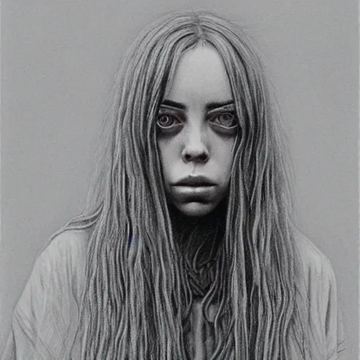 Prompt: grunge drawing of billie eilish by - Zdzisław Beksiński , line art style, horror themed, detailed, elegant, intricate