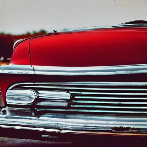 Image similar to stylized photo of a red car at a gas station in 1956