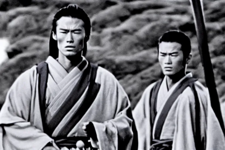 Prompt: young clint eastwood as a ronin samurai brothers, in robes, in the movie seven samurai ( 1 9 5 4 ). grainy movie still, high detail, sharp focus