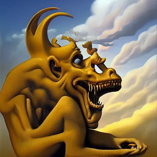 Prompt: The famous gargoyle of McDonalds, surrealist landscape painting by Vladimir Kush