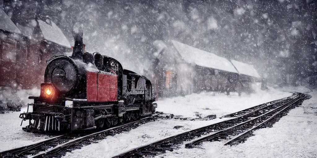 Image similar to a high detail photograph of a heavy steam train in the snow under a blizzard, realism, 4 k, award winning photograph, octane render, award winning photograph