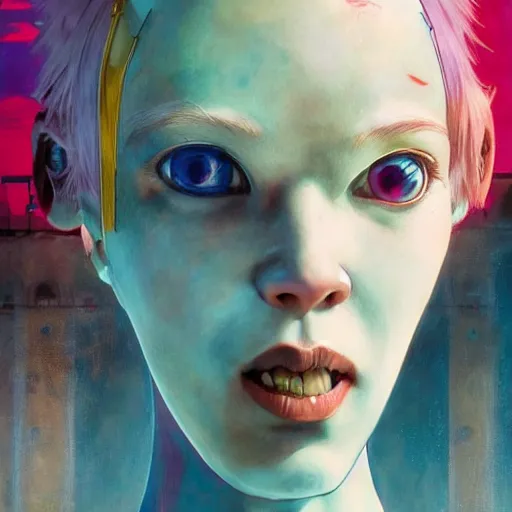 Prompt: vibrant face portrait of a diesel punk rei ayanami on the art deco streets of the big city, artstation, award - winning realistic sci - fi concept art by jim burns and greg rutkowski, picasso, beksinski, masterpiece, complimentary colors, james gilleard, bruegel, alphonse mucha, and yoshitaka amano