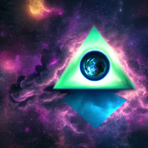Prompt: all seeing eye floating in the clouds, illuminati, chroma coloring, cosmic, space clouds, implosion, render, concept art, 8k