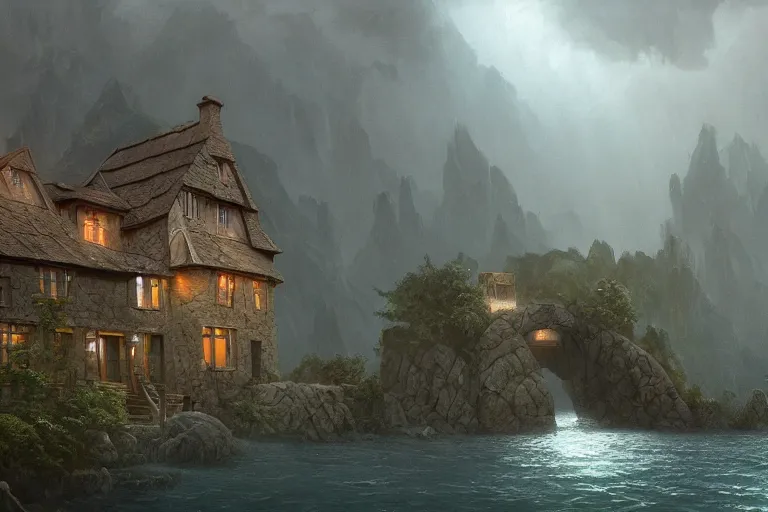 Image similar to a typical european house with a slate roof, submerged under the water of the acean, school of fishes, scenic view, matte painting by christophe vacher and hubert robert, trending on artstation