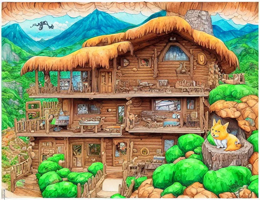 Prompt: cute and funny, a beautiful cozy cabin carved into a mountain, view of the ocean beneath, ratfink style by ed roth, centered award winning watercolor pen illustration, isometric illustration by chihiro iwasaki, edited by range murata, tiny details by artgerm and watercolor girl, sharply focused