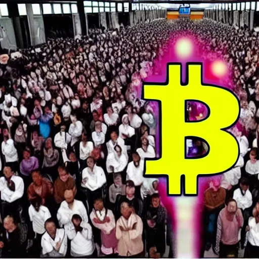 Prompt: a bunch of weirdos praying at Bitcoin, cult, sick,