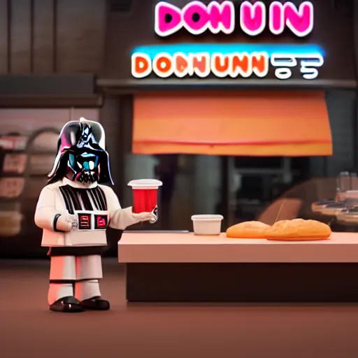 Image similar to darth vador working at dunkin donuts , 8k cinematic lighting, very sharp detail, anatomically correct