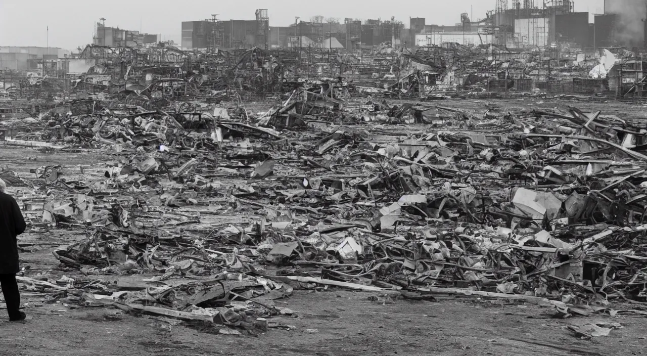 Image similar to a sad old man looks on as in the distance a factory he used to work in is destroyed