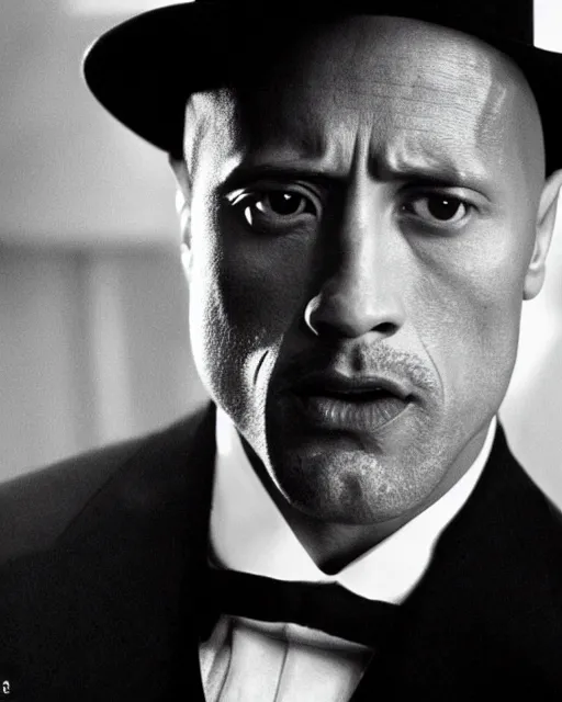 Image similar to film still close up shot of dwayne johnson as vito corleone from the movie the godfather. photographic, photography