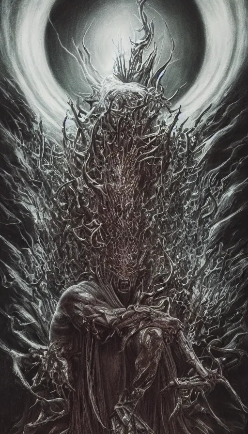 Prompt: Elden Ring and Lord of the Rings themed painting of majestic dark lord Morgoth, intricate artwork by Artgerm, Johnatan Wayshak, Zdizslaw Beksinski, Darius Zawadzki, H.R. Giger, Takato Yamamoto, masterpiece, very coherent artwork, cinematic, high detail, octane render, unreal engine, 8k, High contrast, golden ratio, trending on cgsociety, ultra high quality model, production quality cinema model