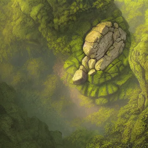 Prompt: Airborne overhead view of ancient unbelievably huge body of a fallen stone titan lying prone within a lush valley, Greg Rutkowski WLOP, dramatic lighting, view for miles, lens flare, perspective, landscape, beautiful lighting,