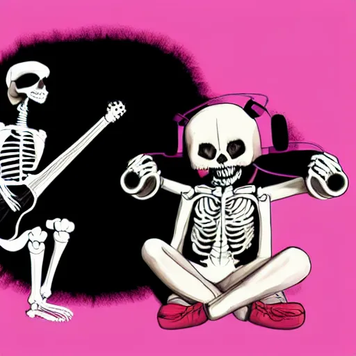 Image similar to skeleton wearing headphones watching girl playing guitar with her black cat standing next to her, digital art