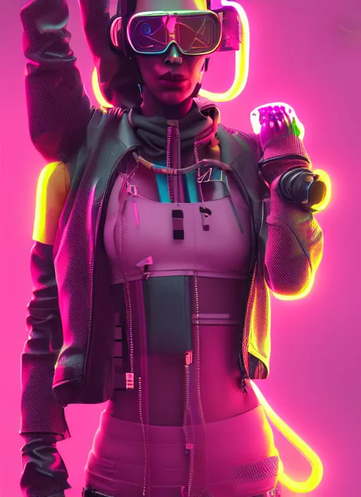 Prompt: cyberpunk photorealistic character, tech wear outfit, wearables, pink and yellow, edgy, skull stamp, awe inspiring, artstation hd, 8 k, detailed, intricate, ornate, studio lights, golden ratio, masterpiece
