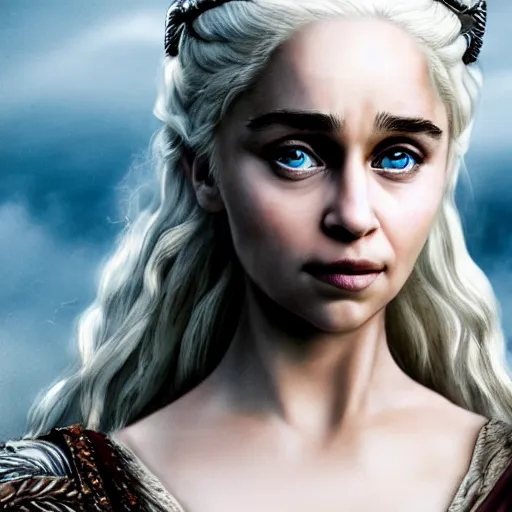 Image similar to khaleesi as a goddess in heaven, piercing eyes, portrait, highly detailed, realistic, realistic face, beautiful eyes, Daenerys Targaryen 8k, hd, cinematic