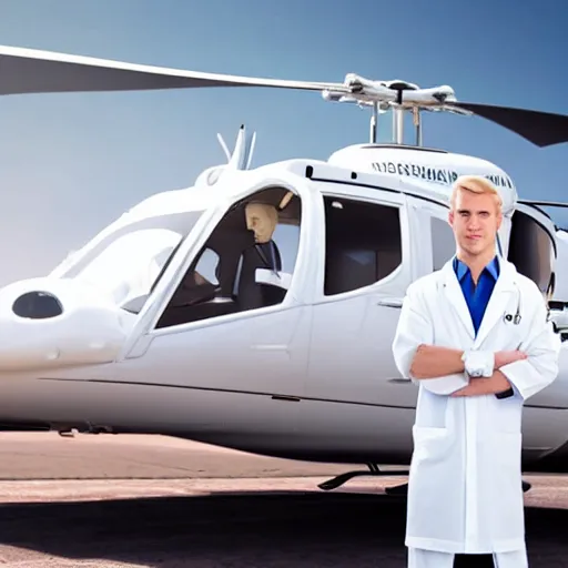 Image similar to blond male doctor in white robe in front of helicopter, epic lighting, drawing