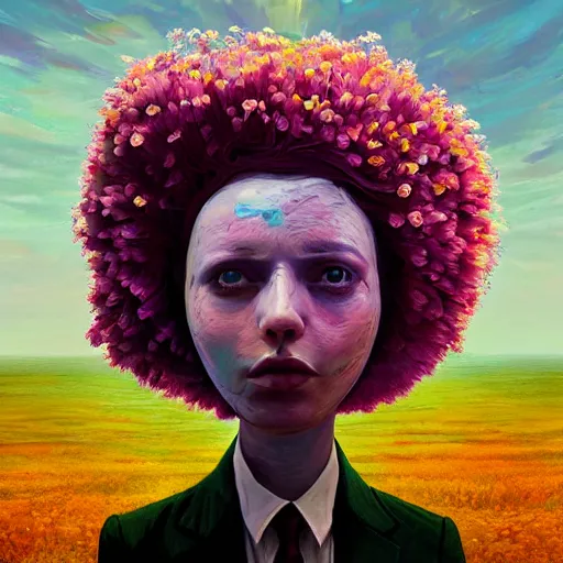 Prompt: giant daisy flower face, frontal, girl in a suit, surreal photography, sunrise, dramatic light, impressionist painting, digital painting, artstation, simon stalenhag