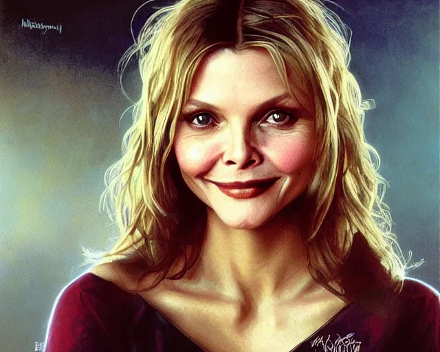 Prompt: hdr portrait photography young michelle pfeiffer, smiling with confidence, cinematic, coherent portraits, from time magazine, intricate, elegant, highly detailed, digital photo, trending on foxsport, hdr photo, smooth, sharp focus, illustration, art by artgerm and greg rutkowski and alphonse mucha