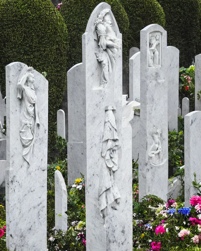 Prompt: an idealistic marble gothic cemetery statue, made of flowers, made of mist, full frame