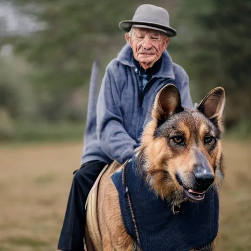 Image similar to portrait of an elderly man riding an alsatian, canon eos r 3, f / 1. 4, iso 2 0 0, 1 / 1 6 0 s, 8 k, raw, unedited, symmetrical balance, wide angle