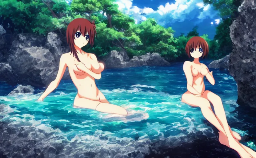 Image similar to an anime girl bathing in the bond, anime scenery